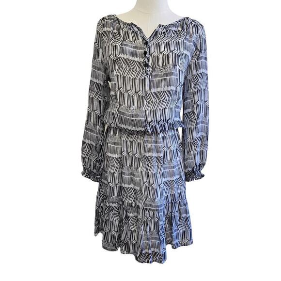 Shoshanna Womens Silk Dress Size 0 Peasant Ruffle Hem Puff Sleeve Black & White - Picture 1 of 11